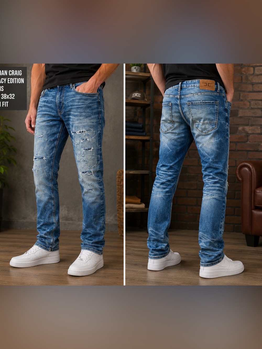 Jordan Craig Legacy Edition Jeans Men Size 38x32 Blue Distressed Slim Fit Denim